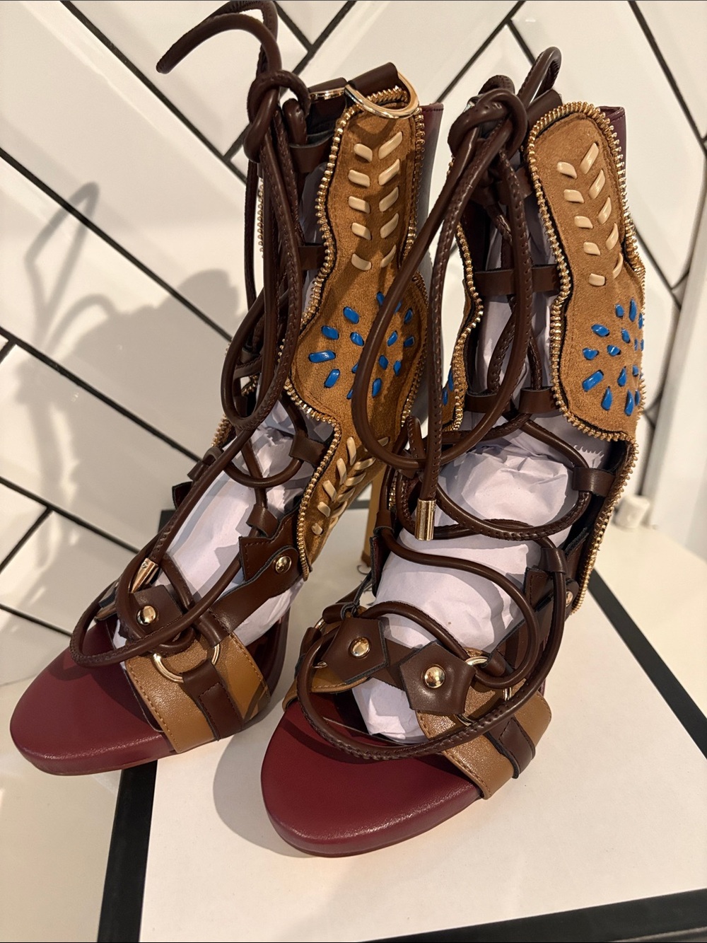 AKIRA Brown & Blue Lace-Up Heeled Sandals